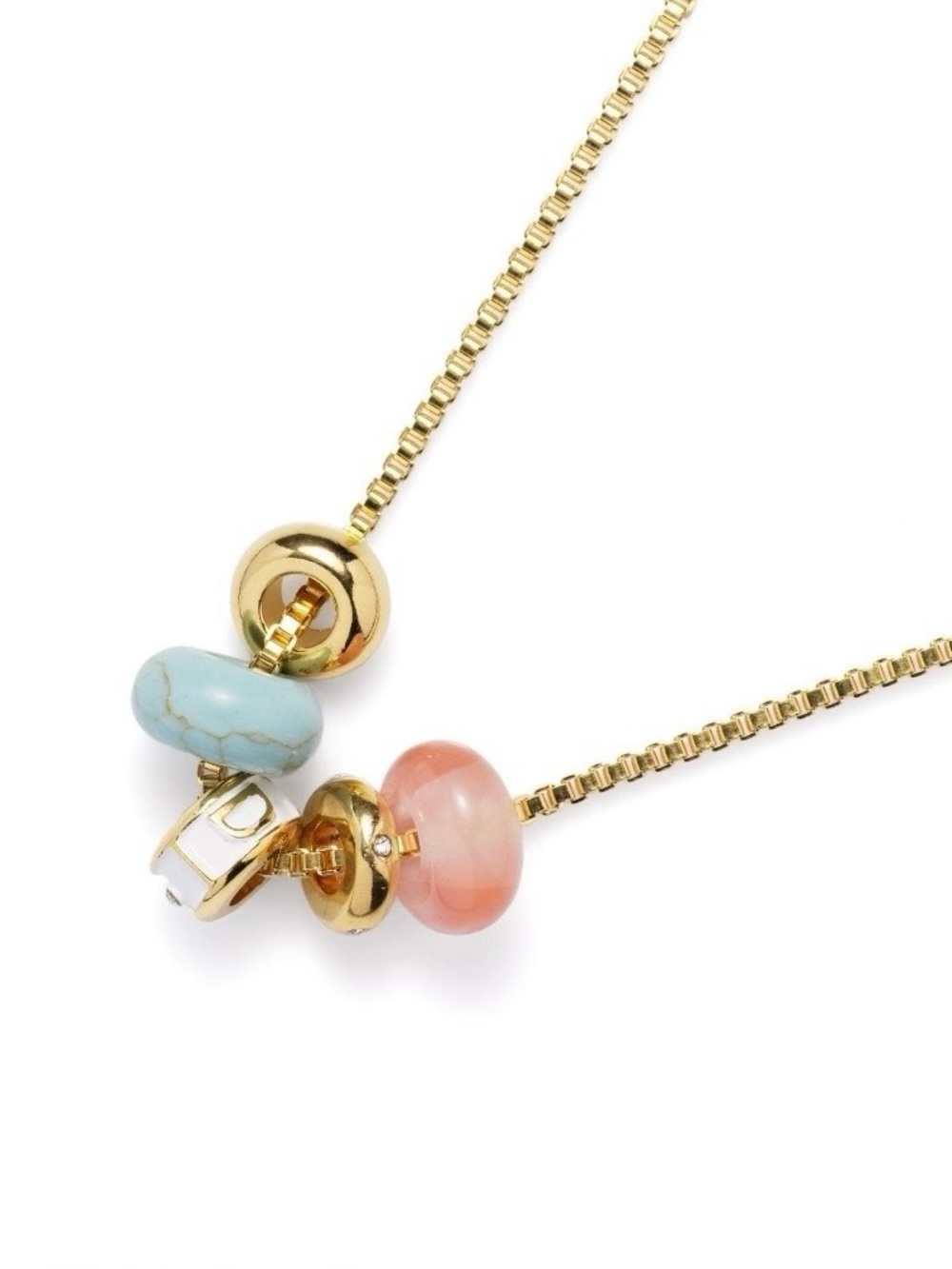 ‘D’ Gold Chain Necklace with Turquoise and Pink Bead Accents